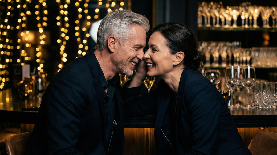 Lykkelig par 40+ nyter en eksklusiv date. Illustrasjon for Norske Modne - trygg og diskret datingtjeneste for voksne single i Norge via Telegram.